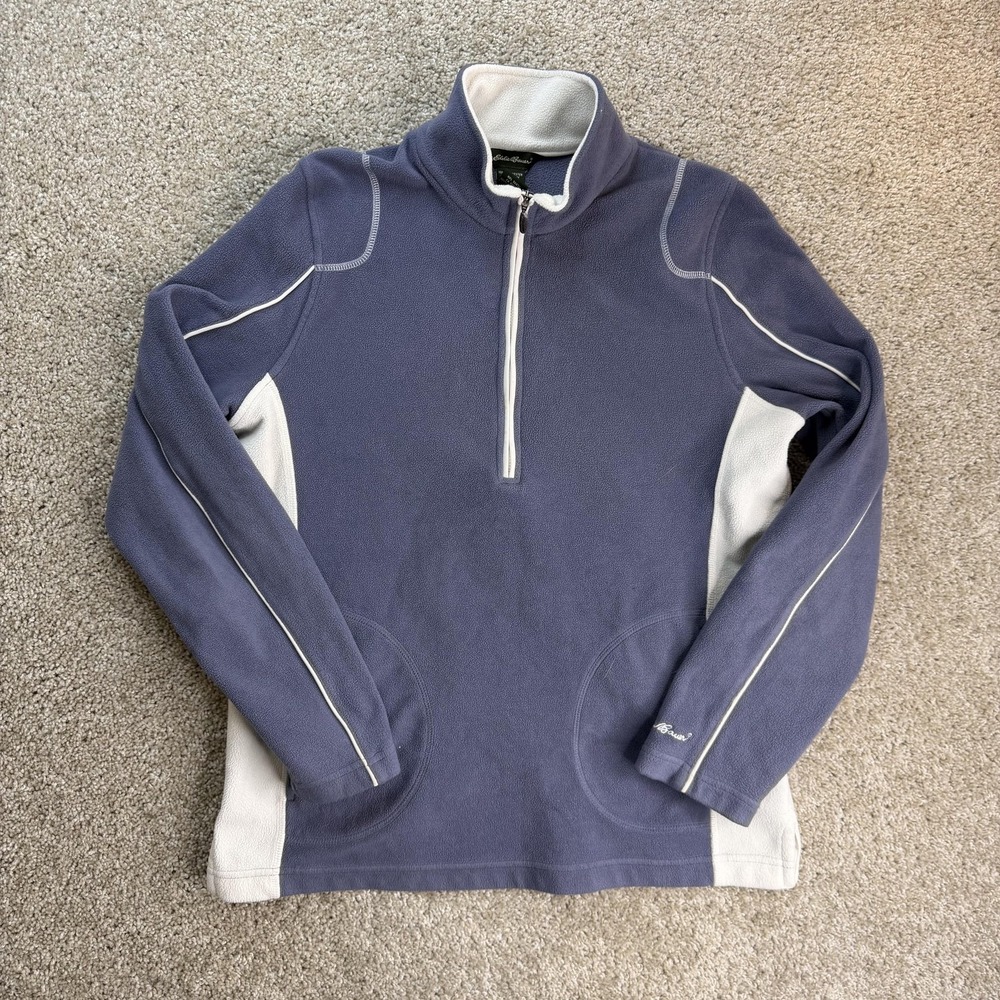 Eddie Bauer Sweater Womens L Blue Fleece 1/4 Zip Mock Neck Pockets Long Sleeve